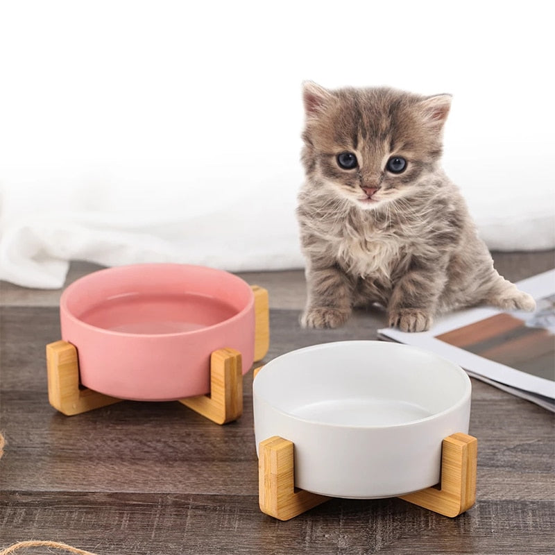 Ciotola in ceramica per animali domestici con supporto in legno