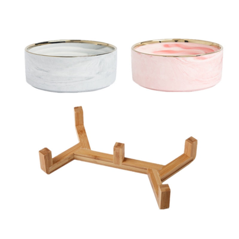 Ciotola in ceramica per animali domestici con supporto in legno